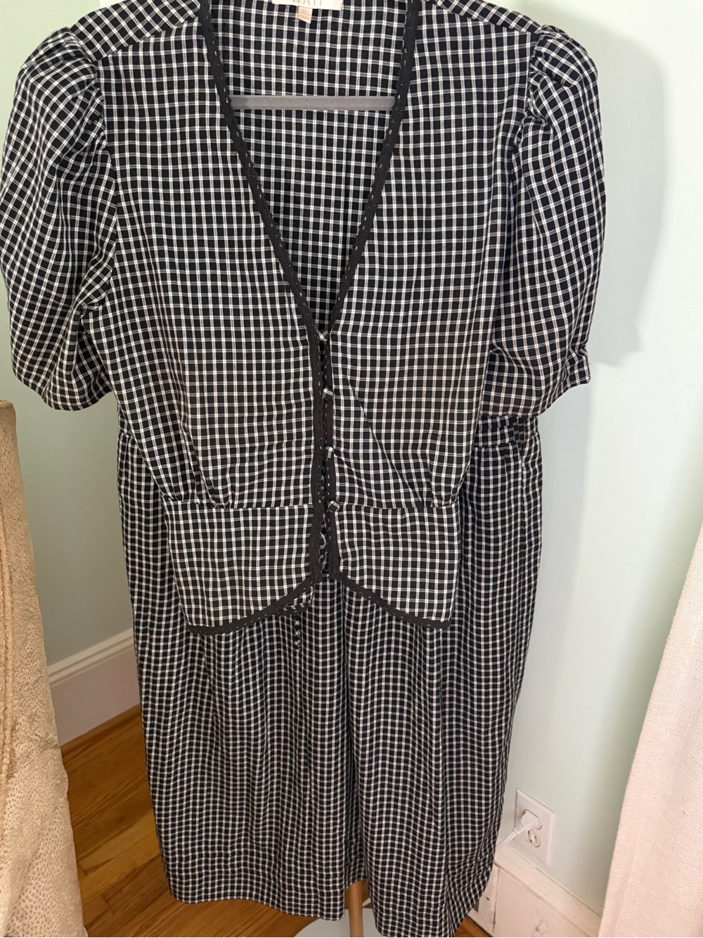 Wayf Black and White Gingham Midi Dress with Puff Sleeves